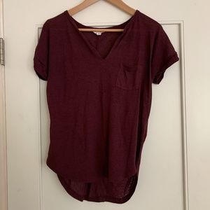 Red Pocket T Shirt Sheer Long Rolled Sleeve V neck